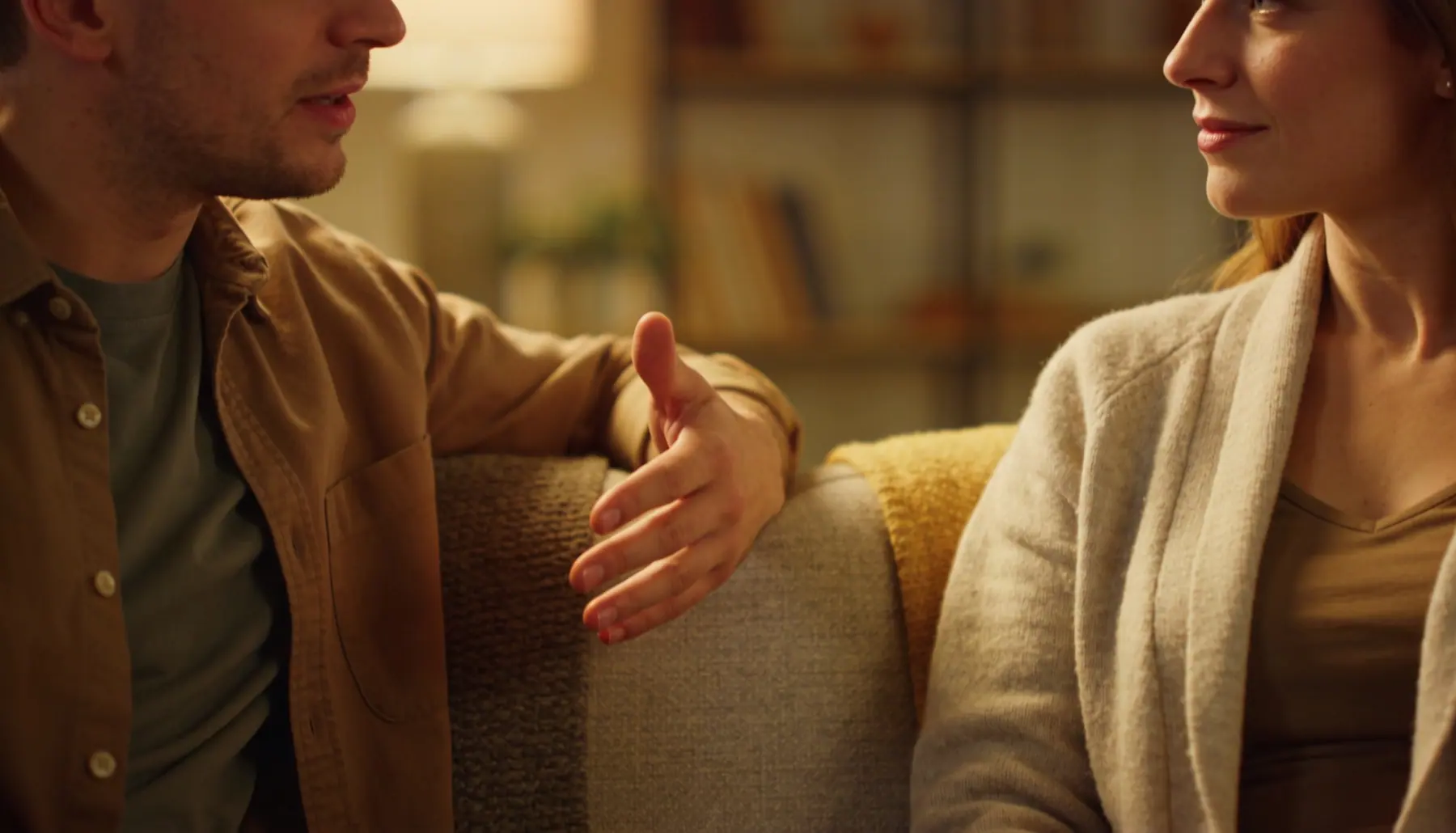 A counsellor talking with someone in a calm support session