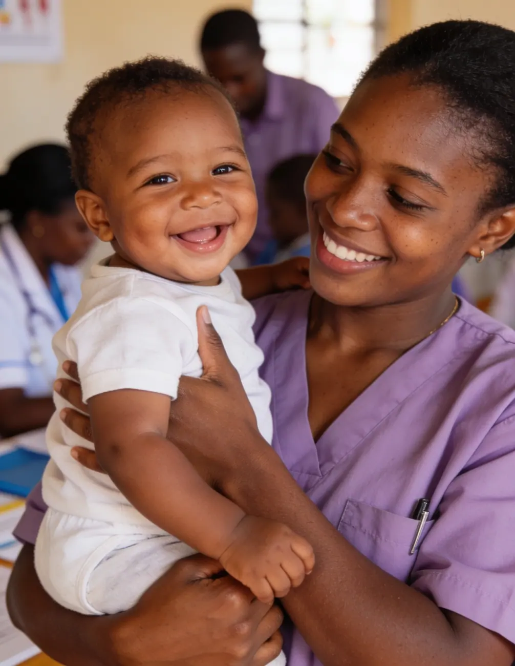 A caregiver holding a healthy, smiling baby at a checkup